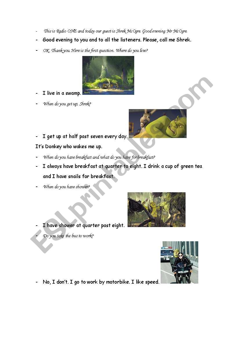 Shreks daily routine worksheet