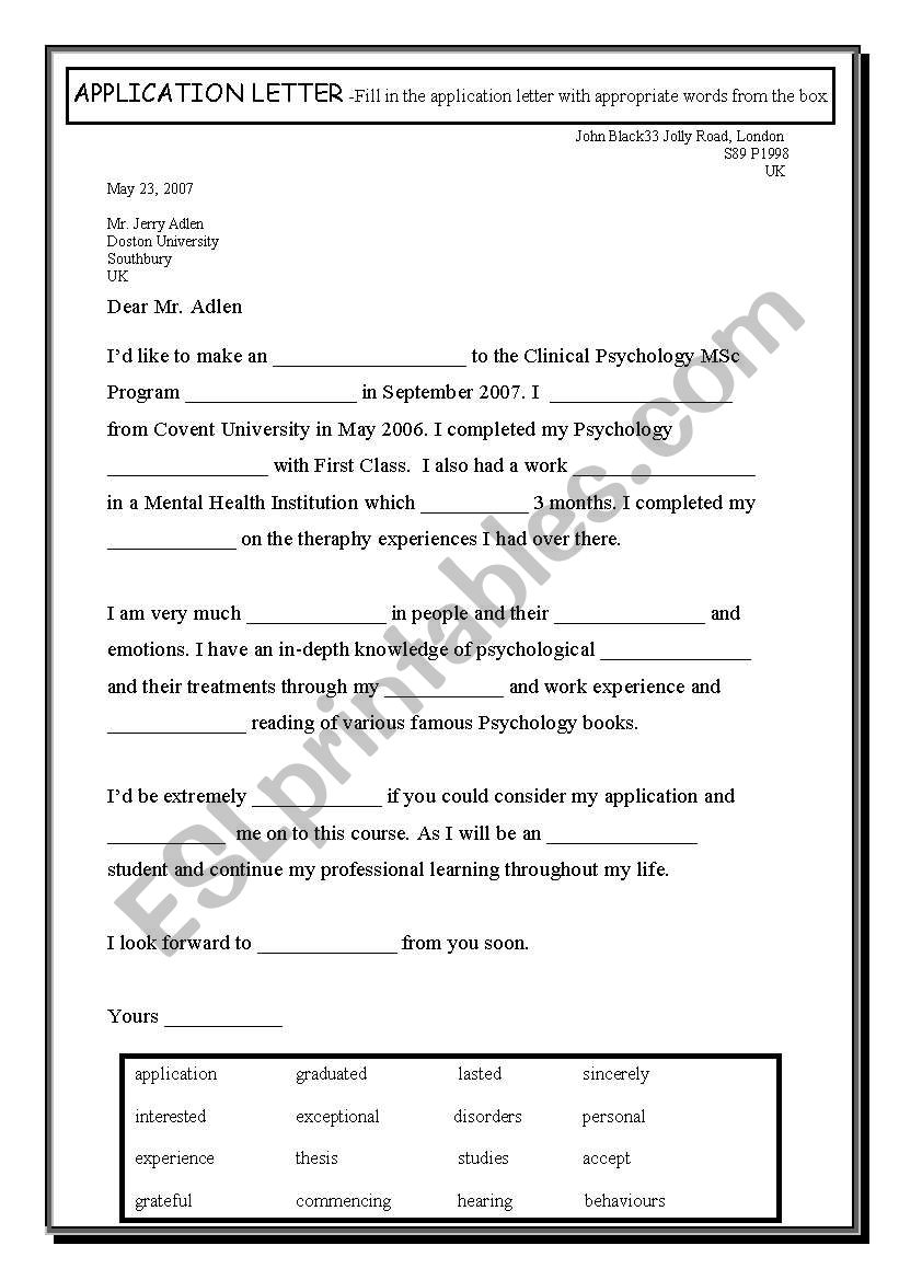 APPLICATION LETTER worksheet