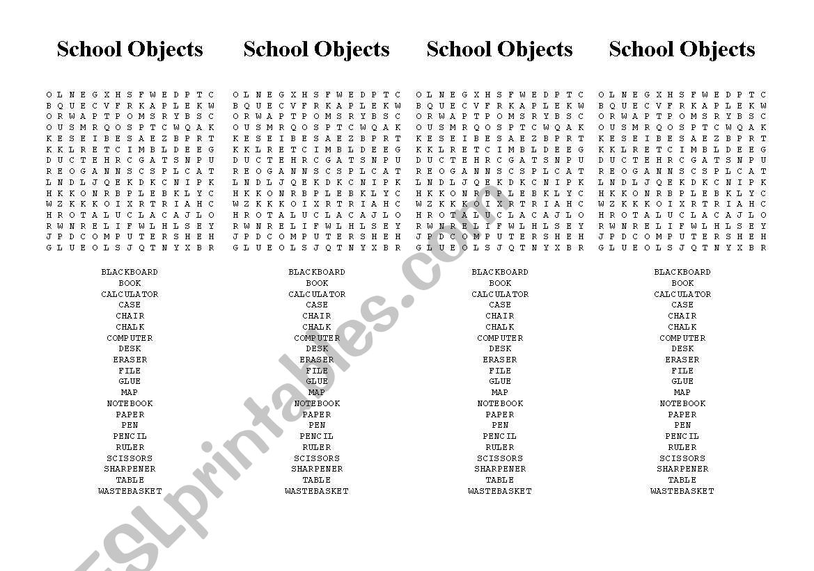 School Objects Wordsearch worksheet