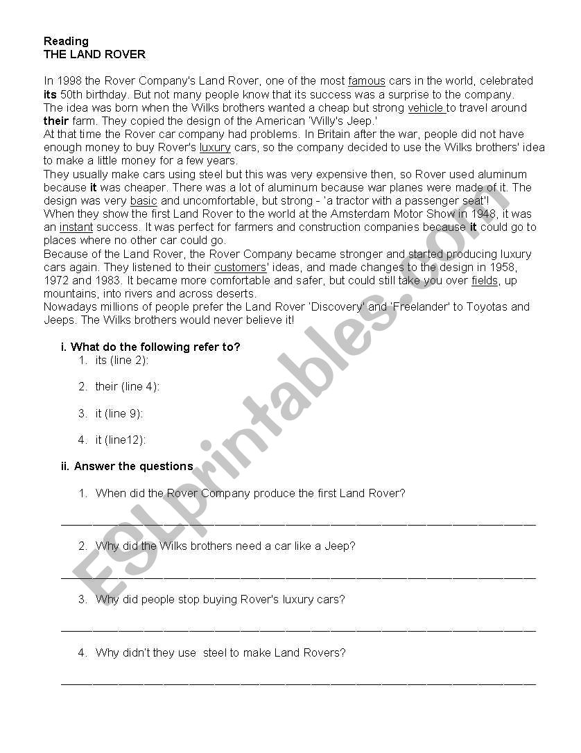 the land rover (reading) worksheet