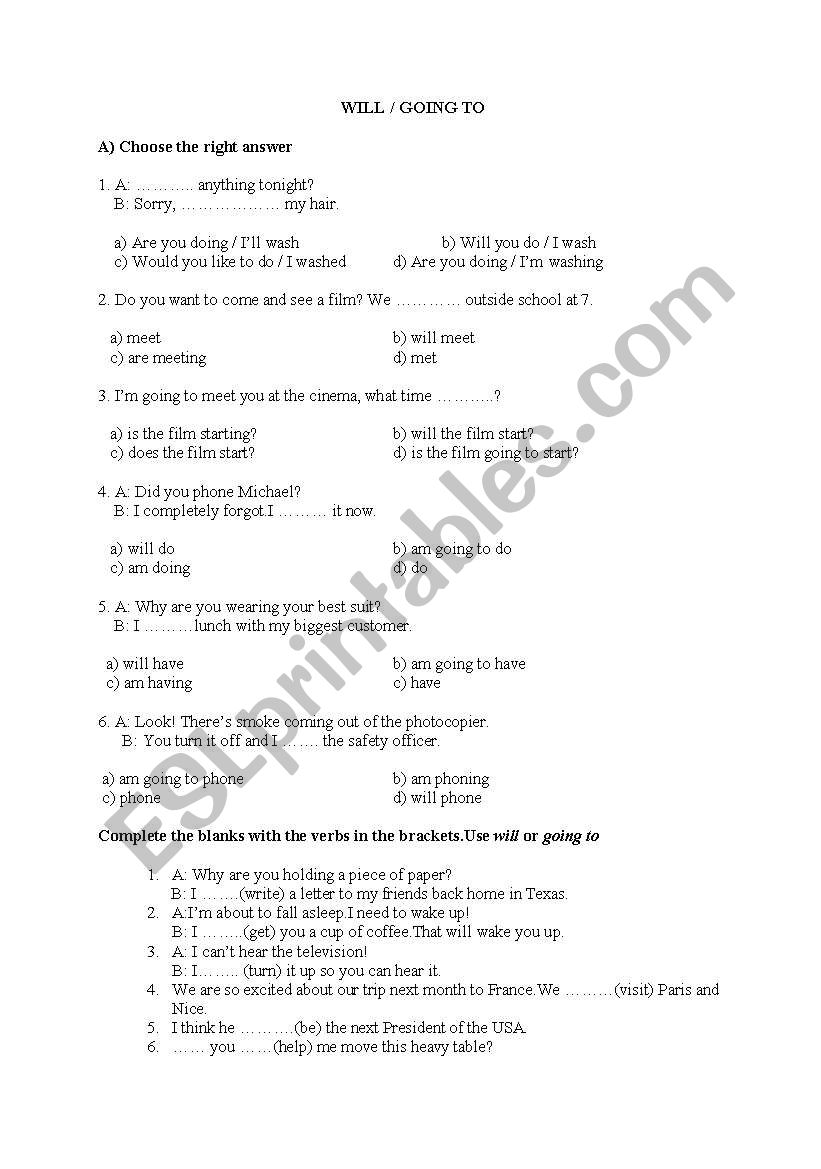 will / going to worksheet