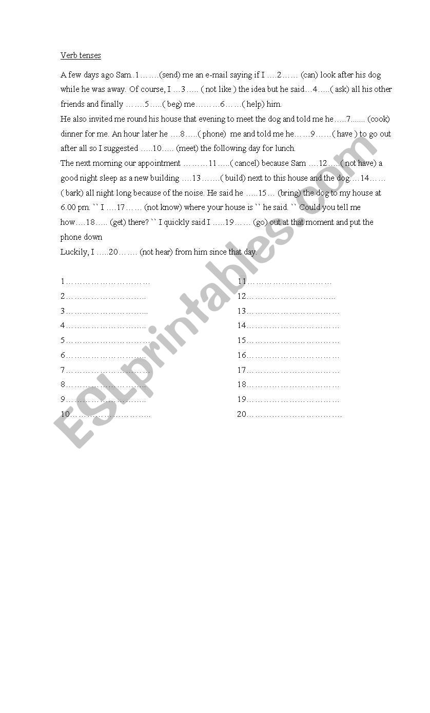 mixed verb tenses for a test worksheet