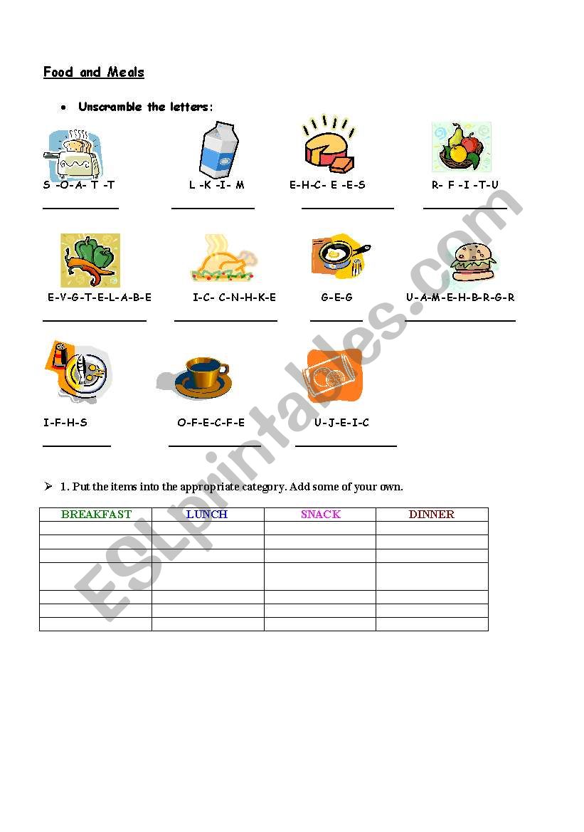 Food and Meals worksheet