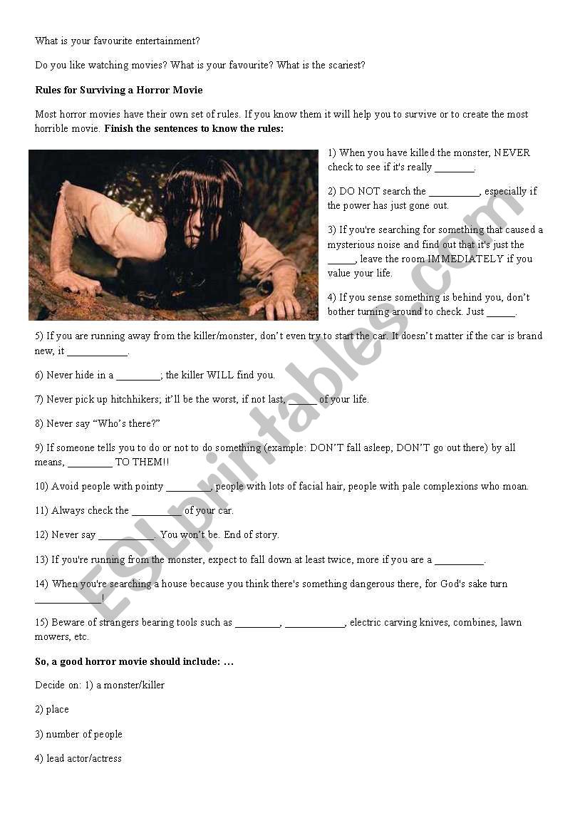 Horror movie rules worksheet