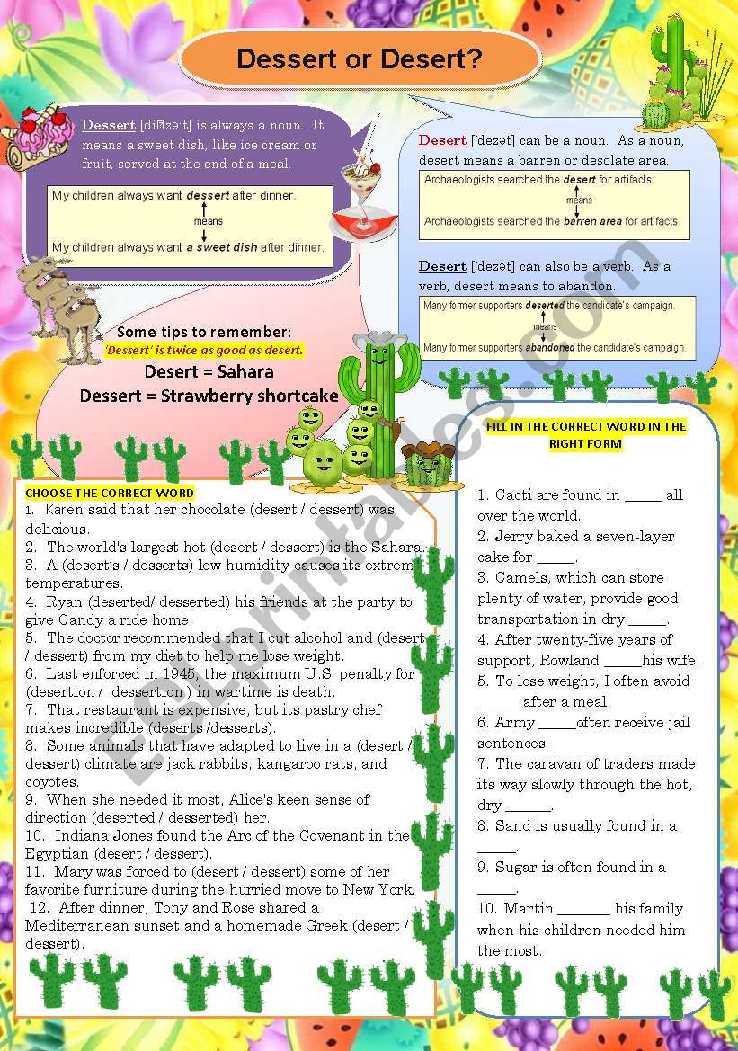 EASILY CONFUSED WORDS (1): DESERT AND DESSERT(WITH KEYS)