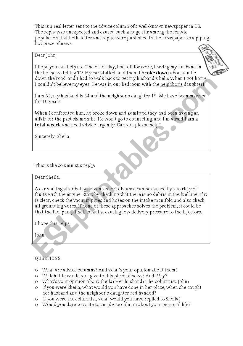 Dear John advice column worksheet