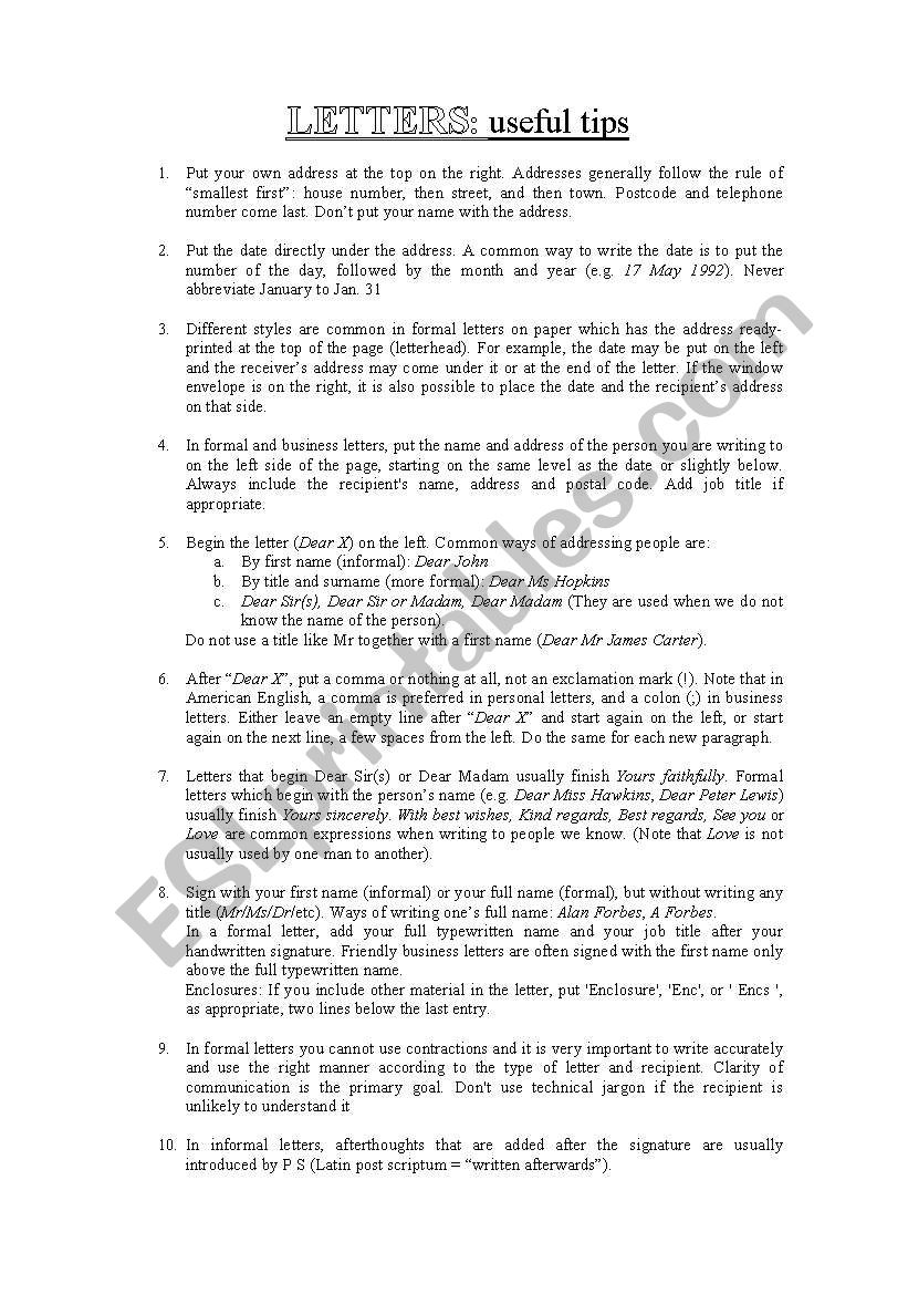 Useful tips for letters worksheet