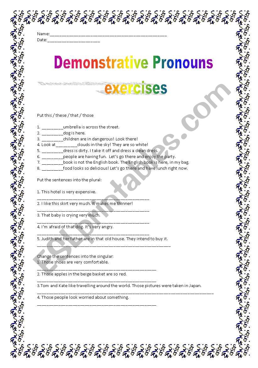 Demonstrative Pronouns worksheet