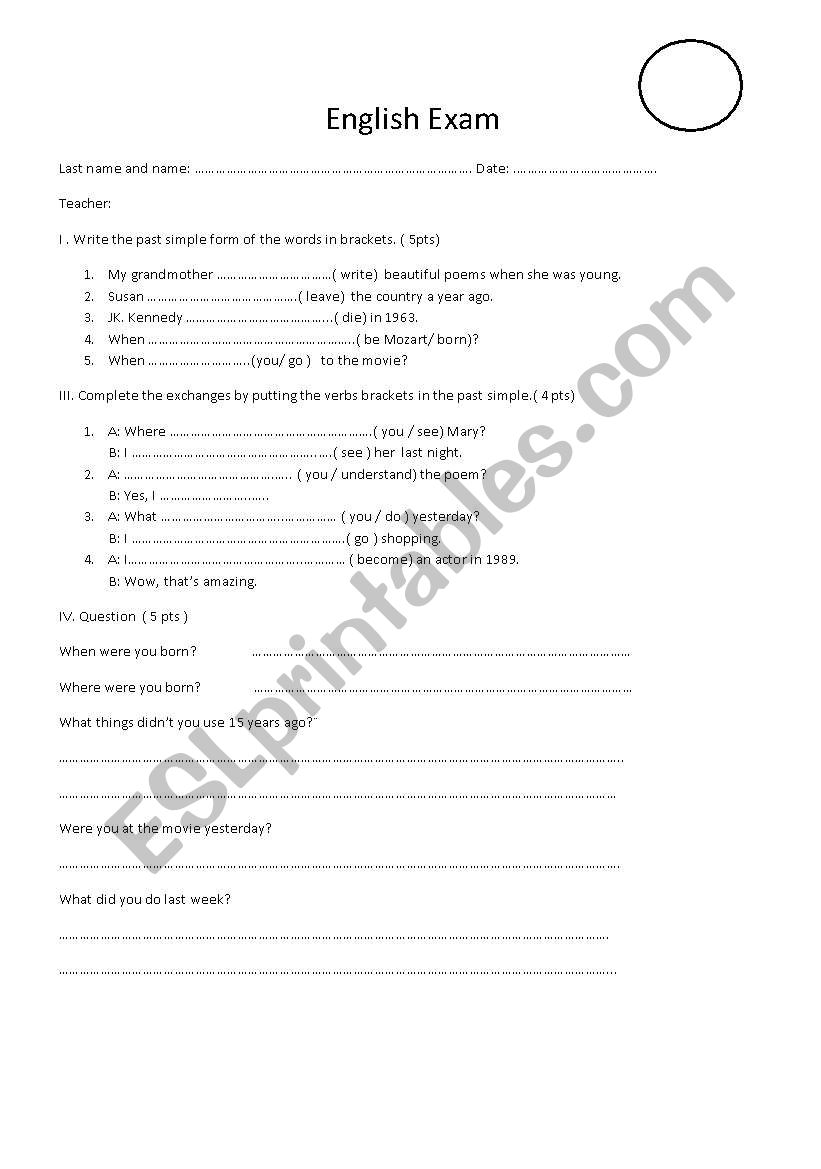 exam worksheet