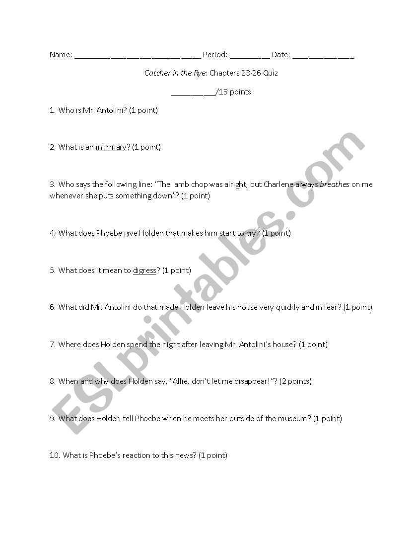 English worksheets Catcher in the Rye Ch. 2326 Quiz