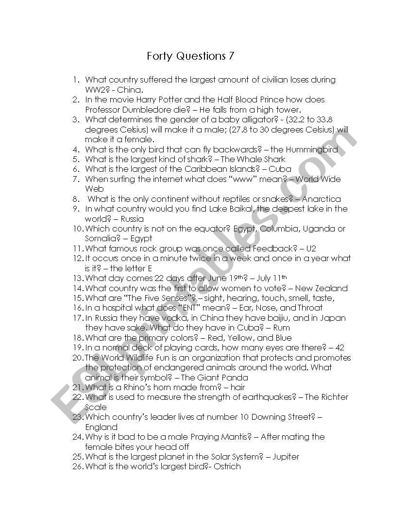 Forty Questions 7 worksheet