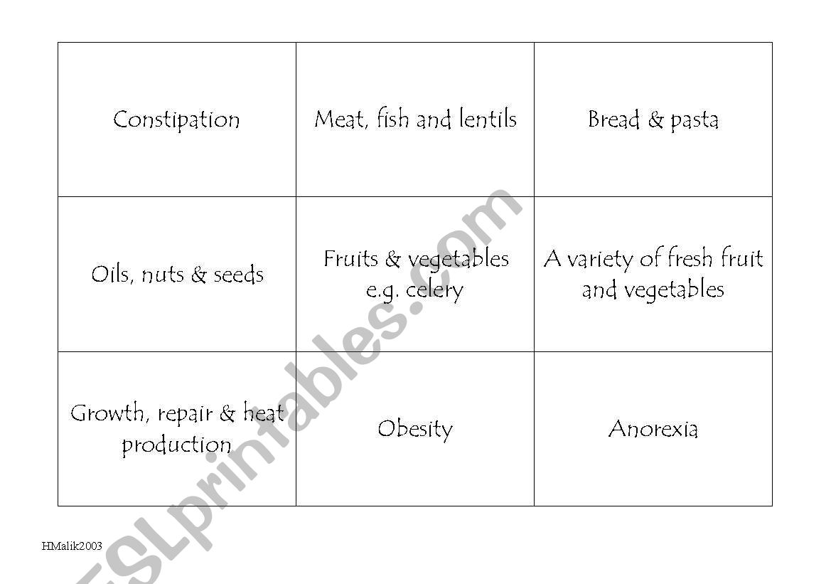 food and diet bingo worksheet