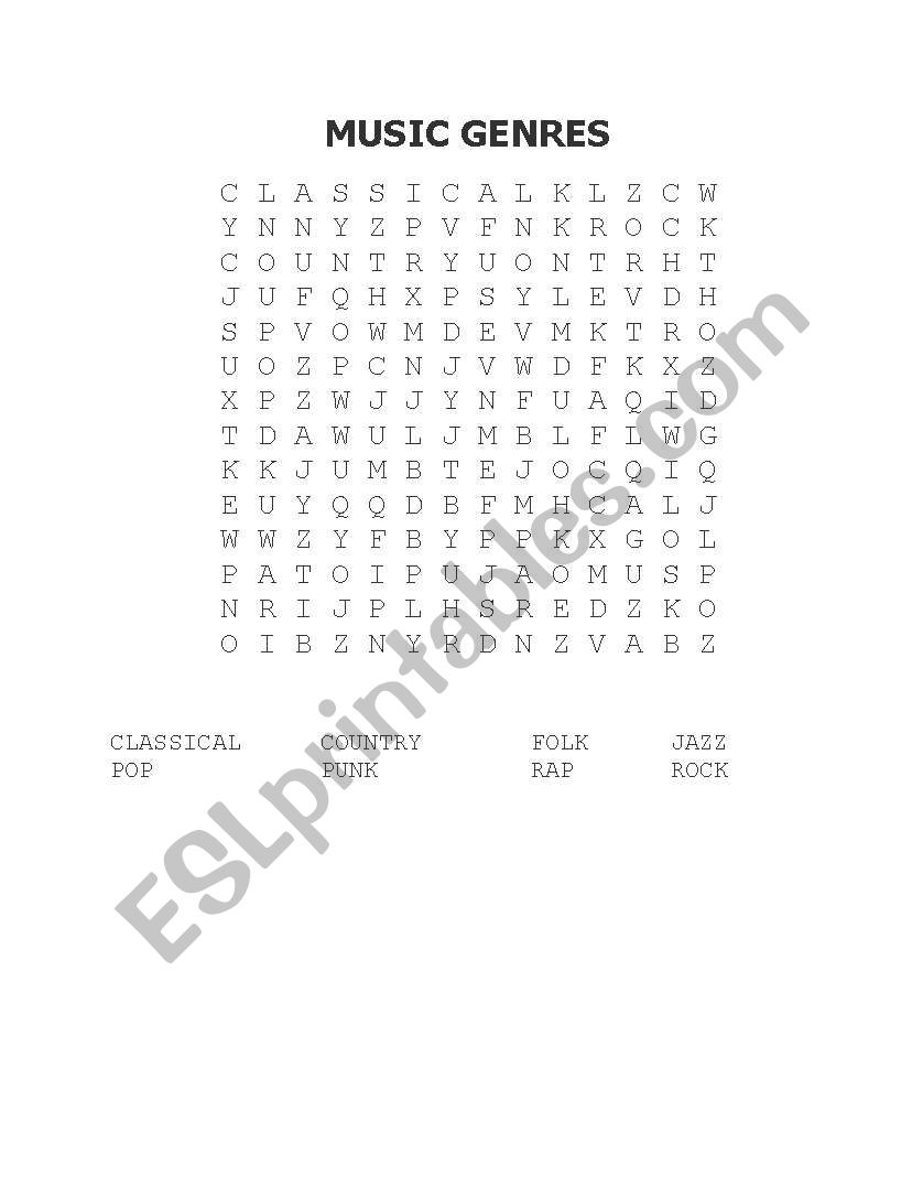 MUSIC GENRES WORD SEARCH worksheet