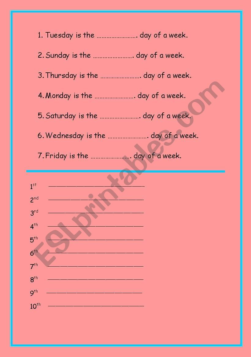 ordinal numbers worksheet