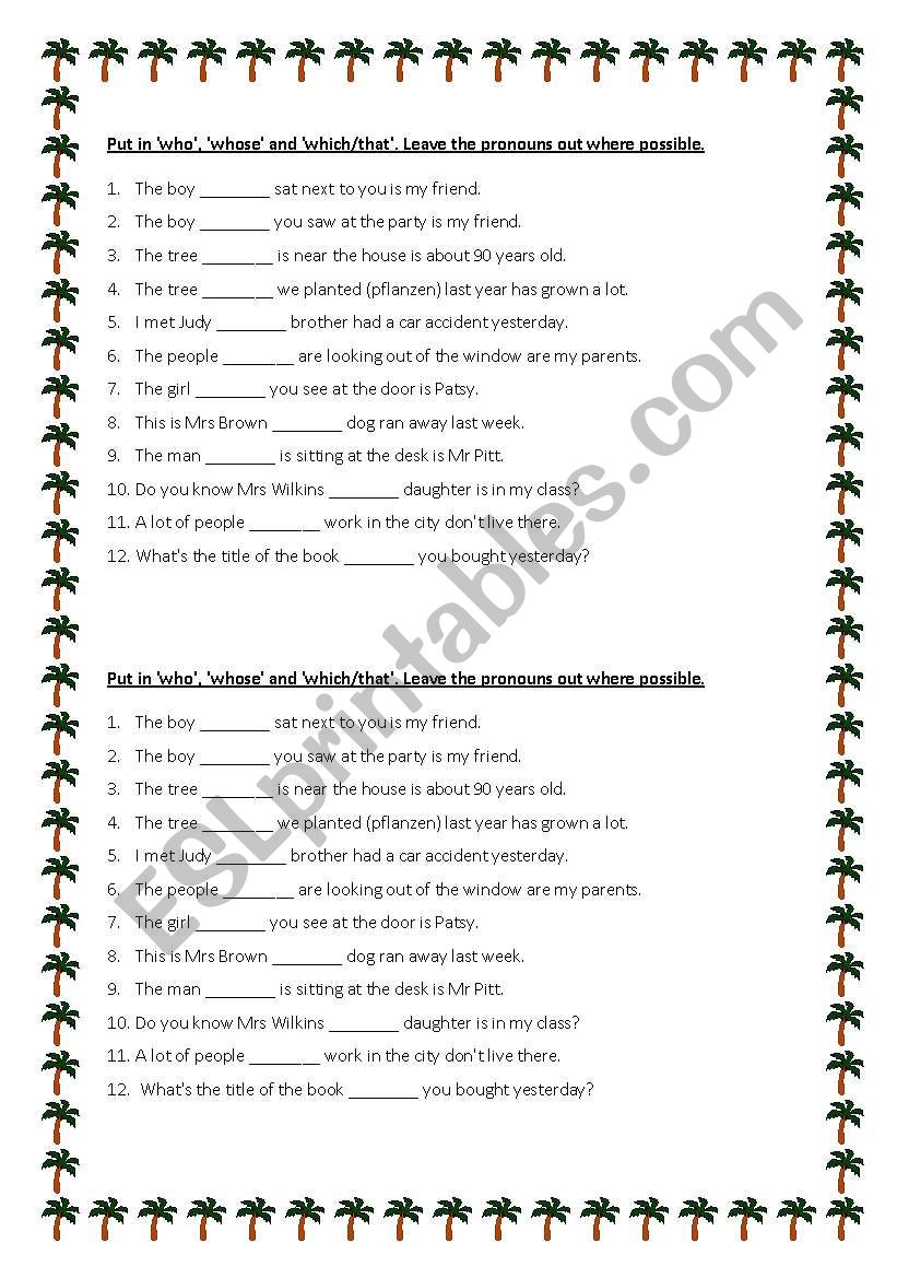 Relative pronouns exercise worksheet