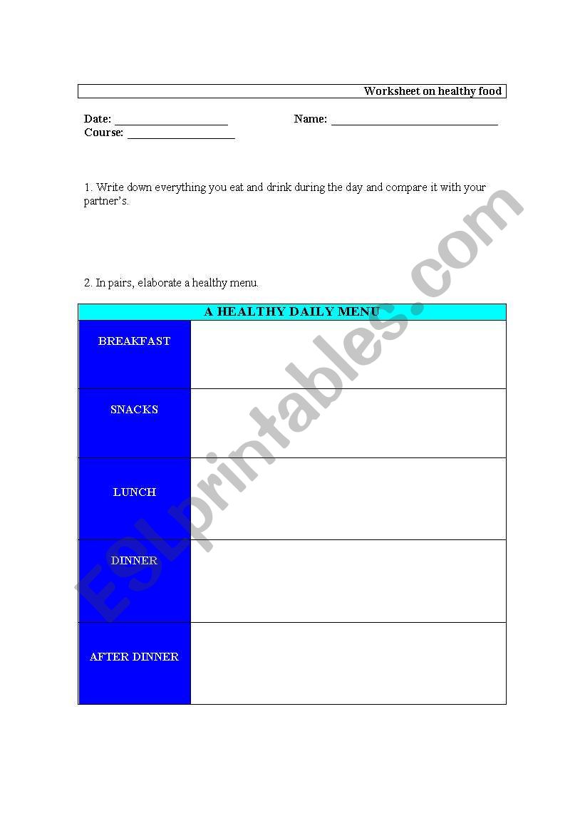 Worksheet on healthy food worksheet