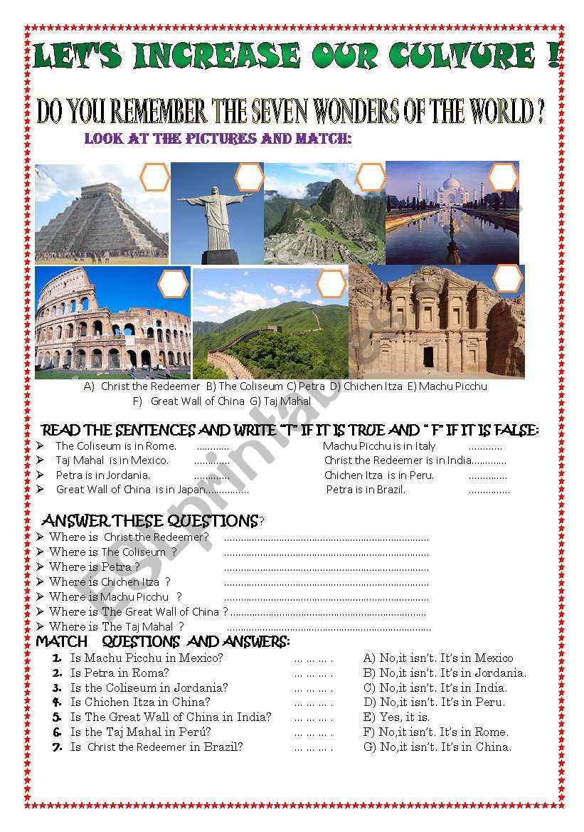 seven wonders of the world worksheet