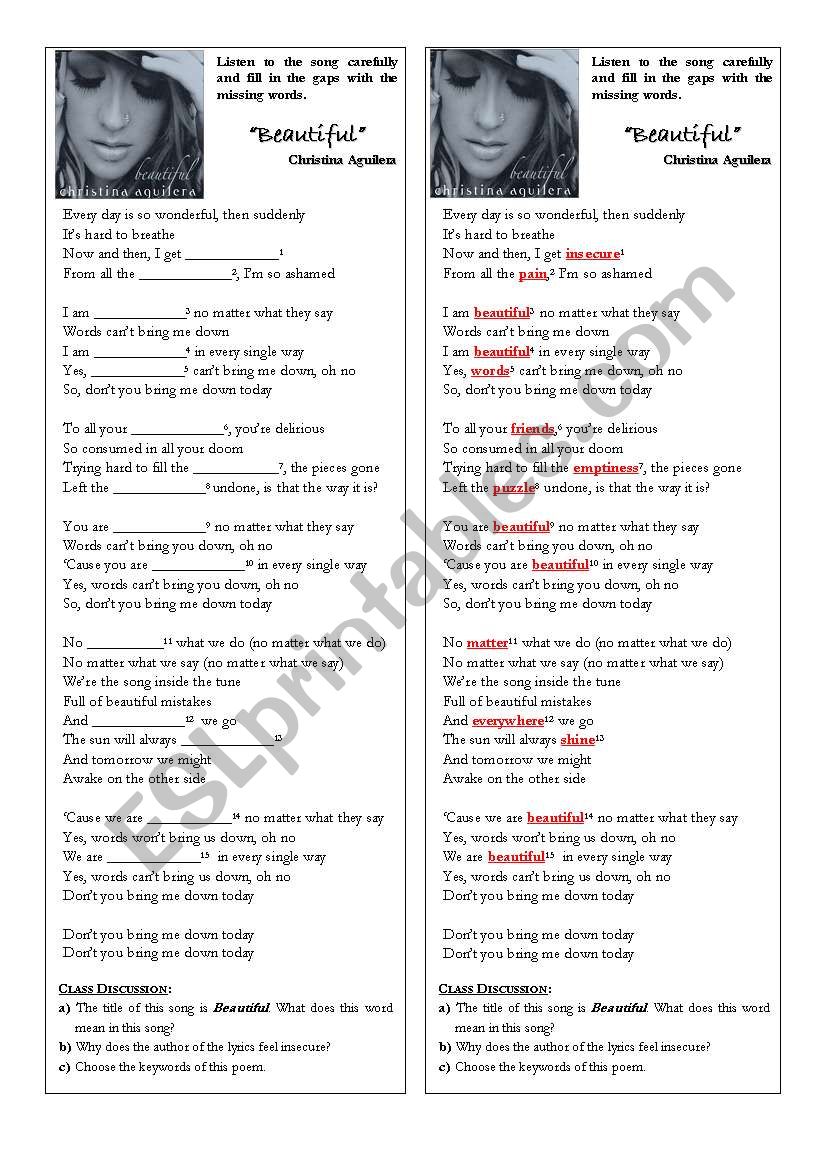 Song Beautiful By Christina Aguilera Esl Worksheet By Pmca