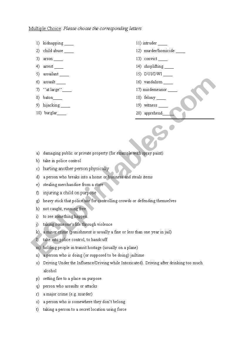 Crime Vocab Quiz worksheet