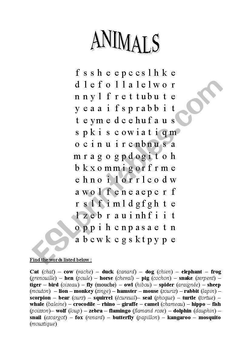 animals (wordsearch) worksheet