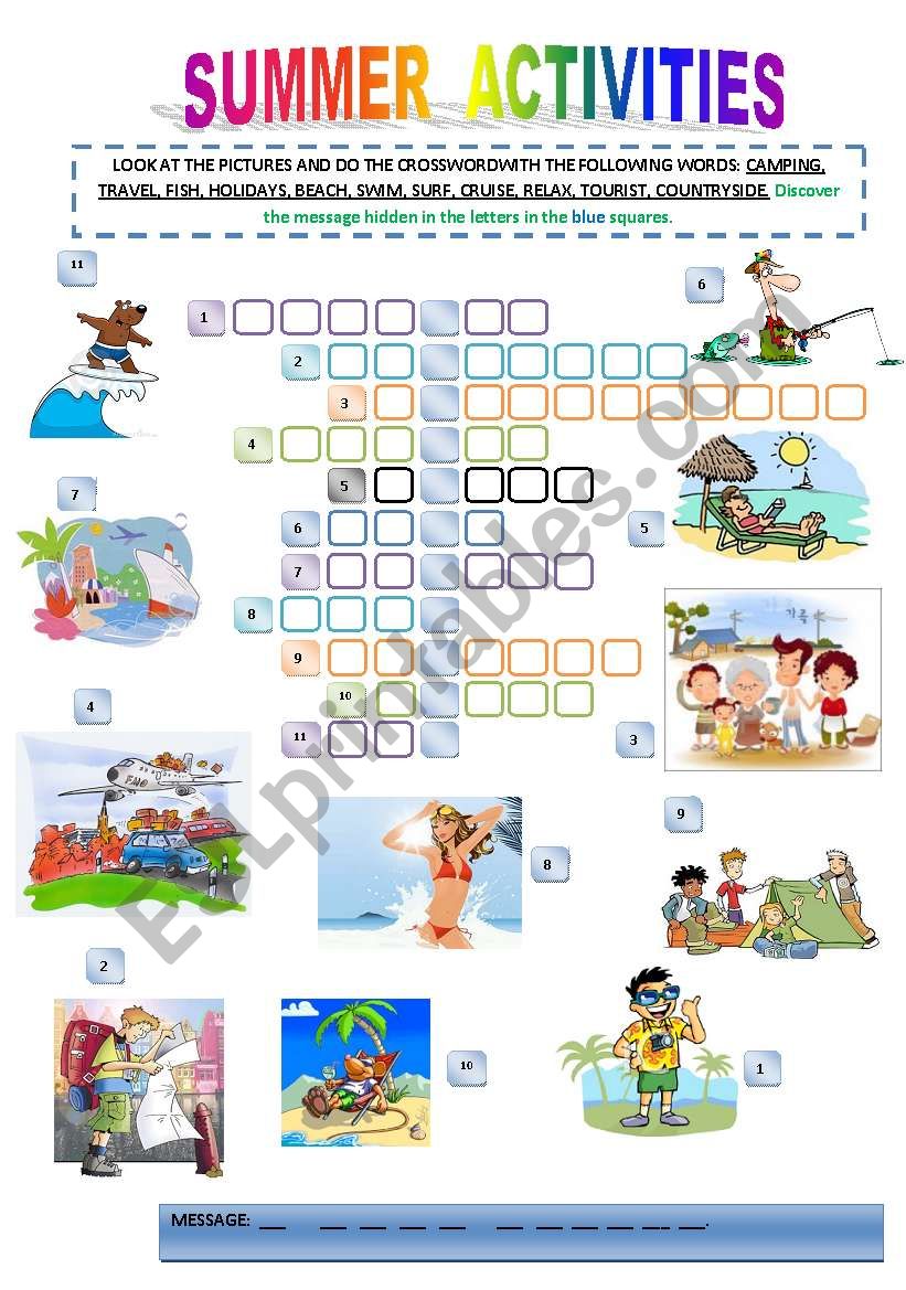 SUMMER ACTVITIES CROSSWORD worksheet