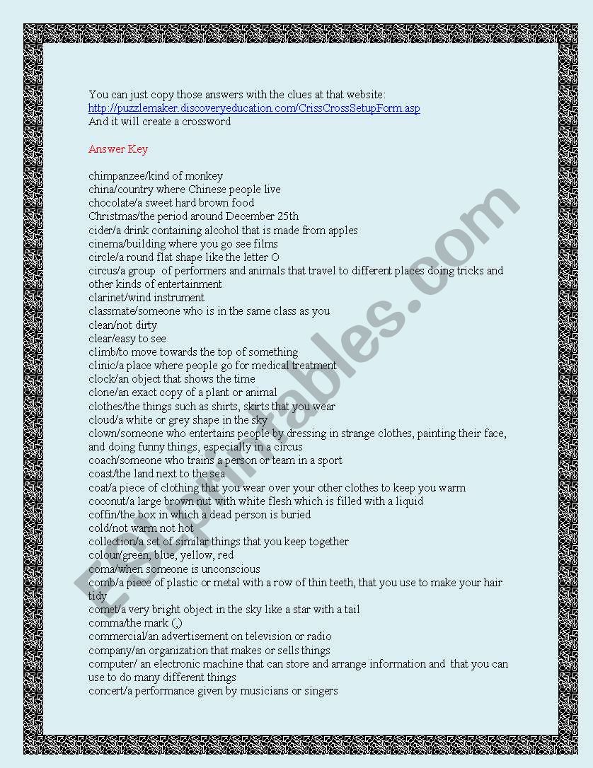 55 words starting with C definitions + answer key + link to a ...