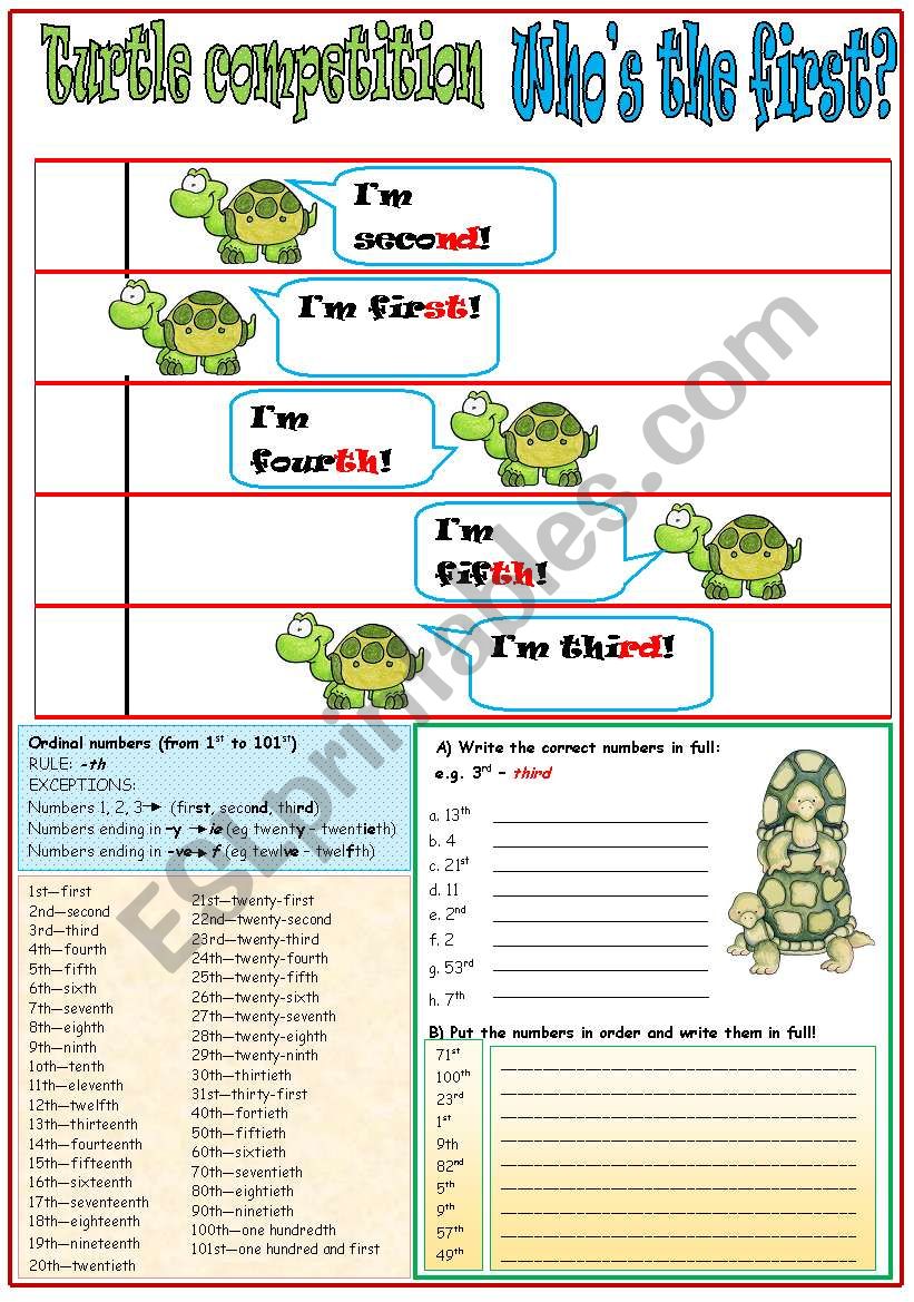 Turtle competition - Whos the first? - Ordinal numbers