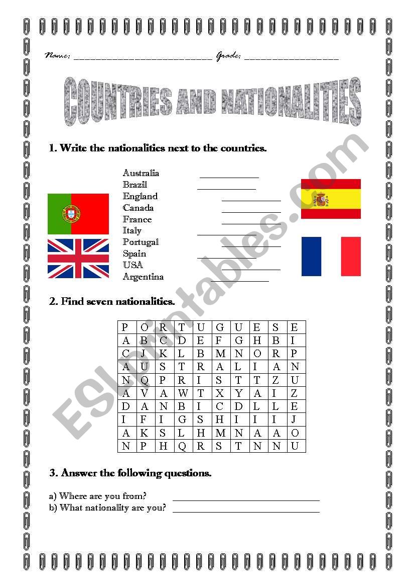 countries and nationalities worksheet