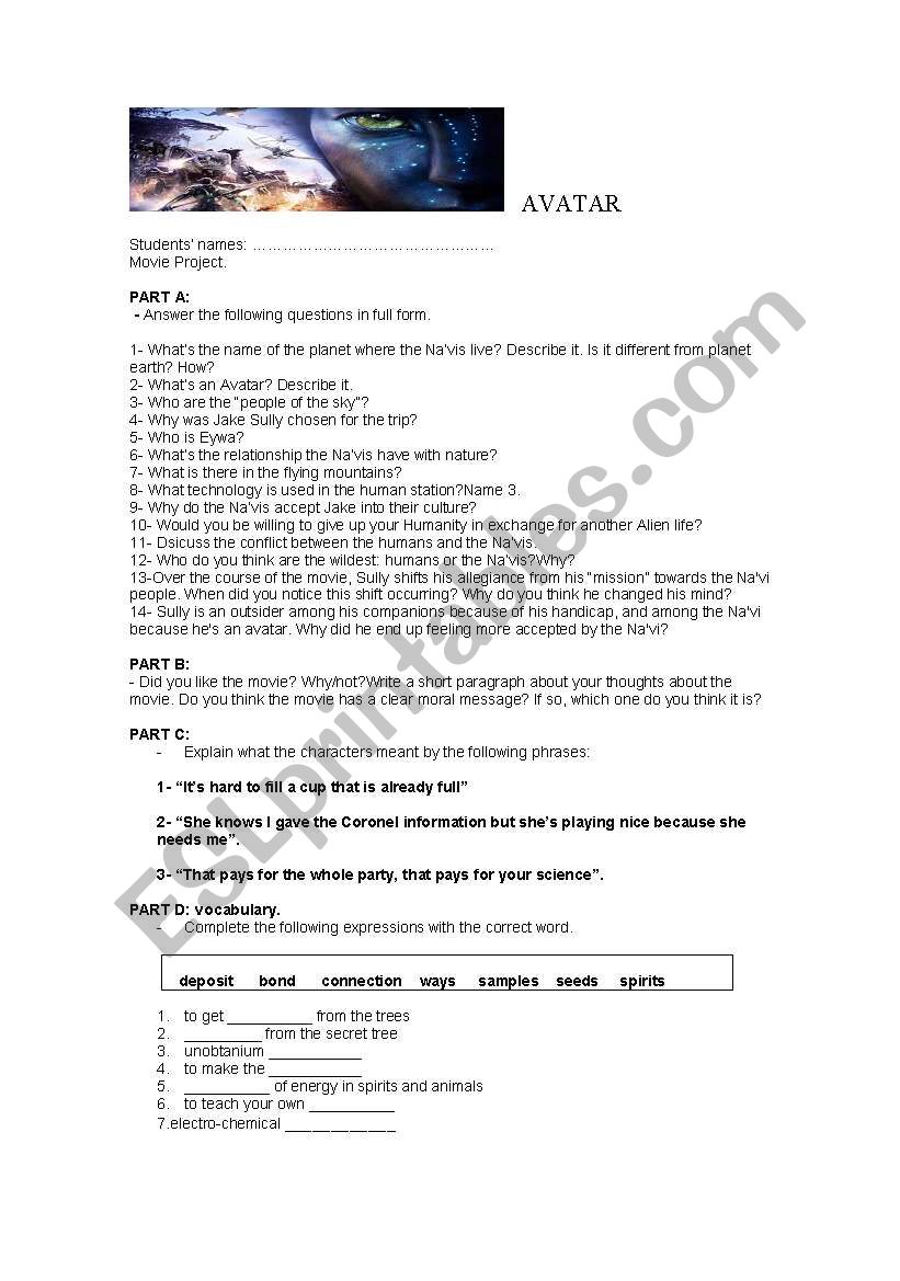 Movie project: Avatar worksheet