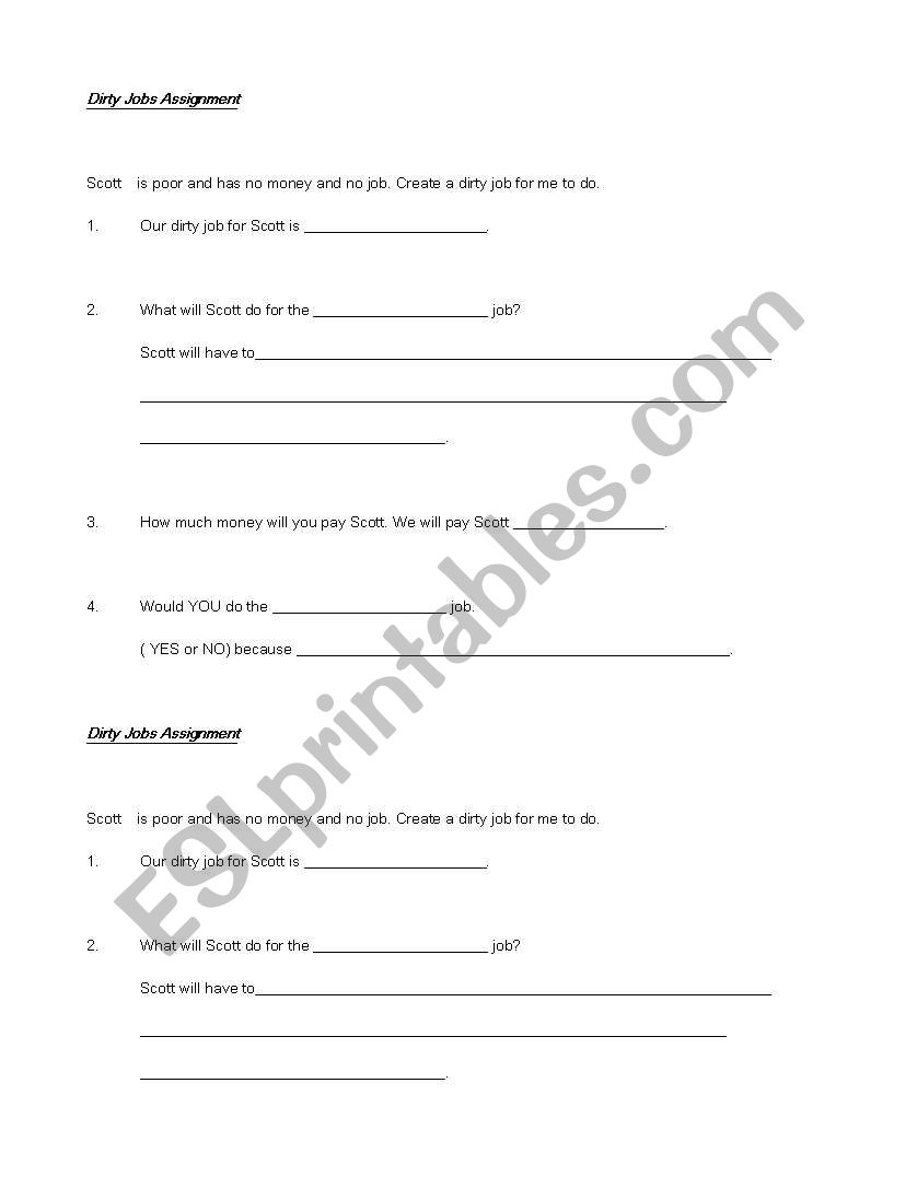 Dirty Jobs worksheet
