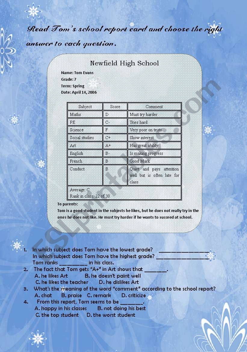Read school report card worksheet