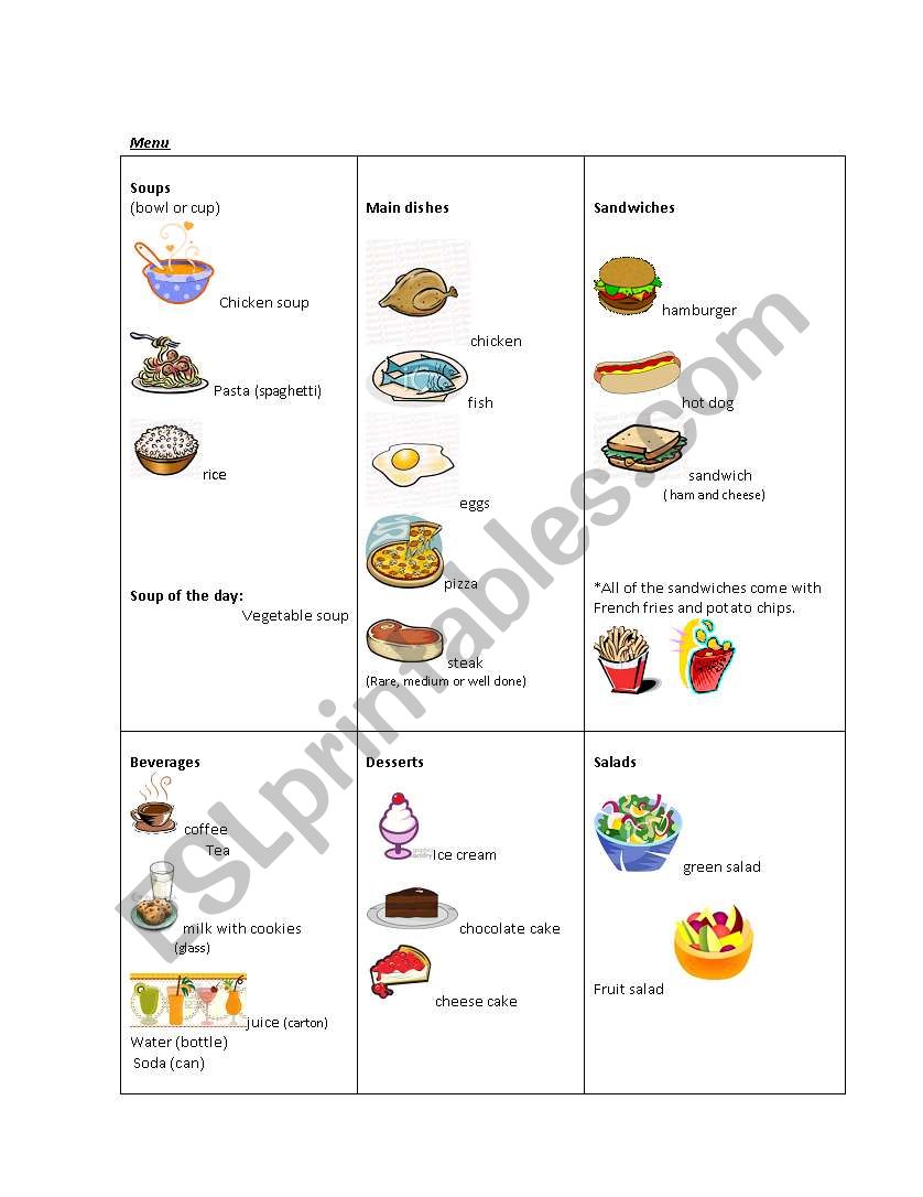 menu worksheet