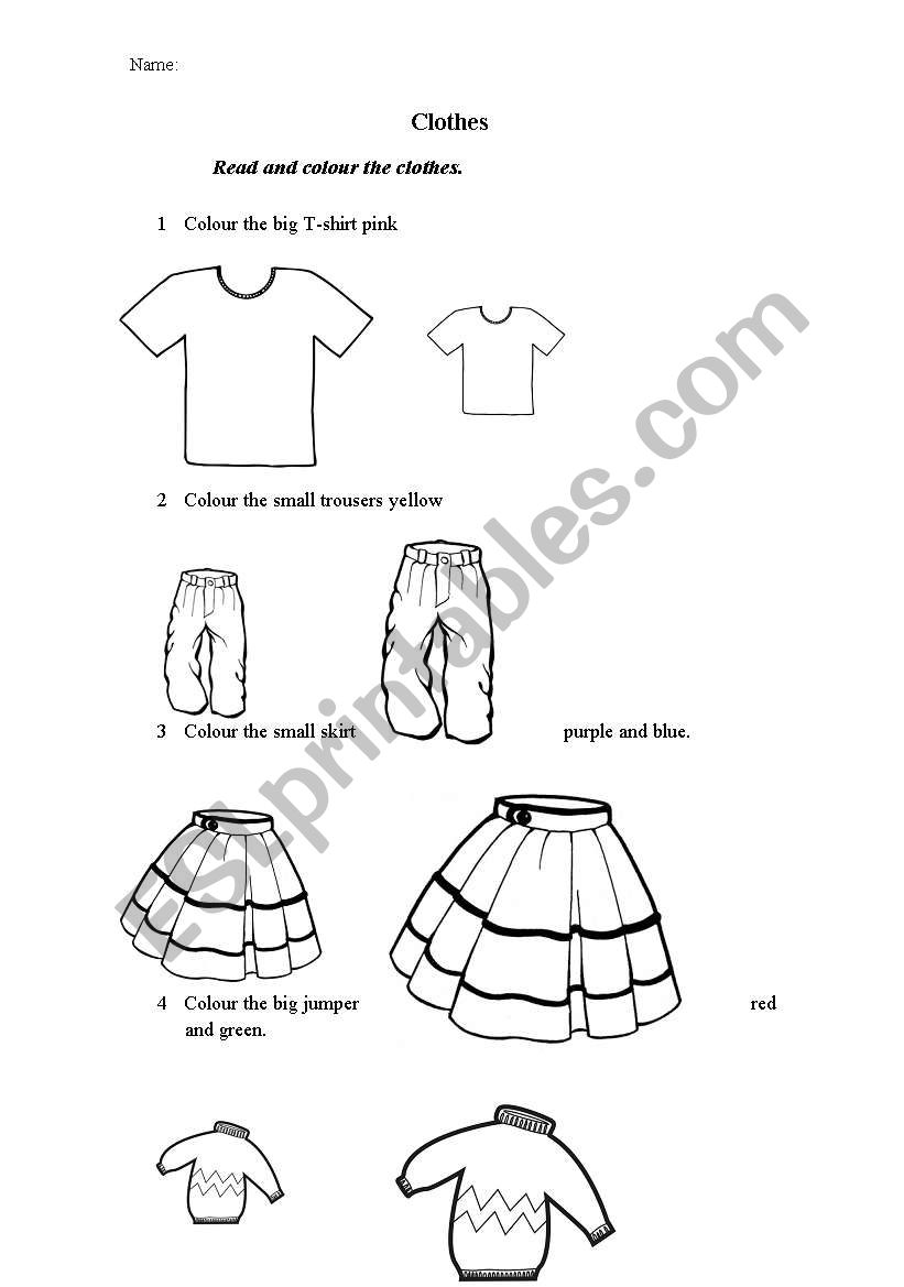 Read and colour the clothes worksheet