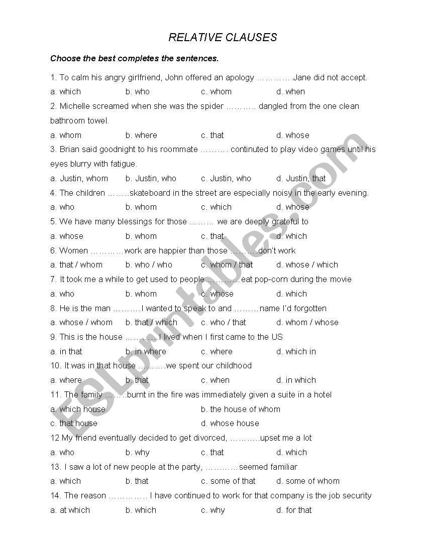 relative clause worksheet