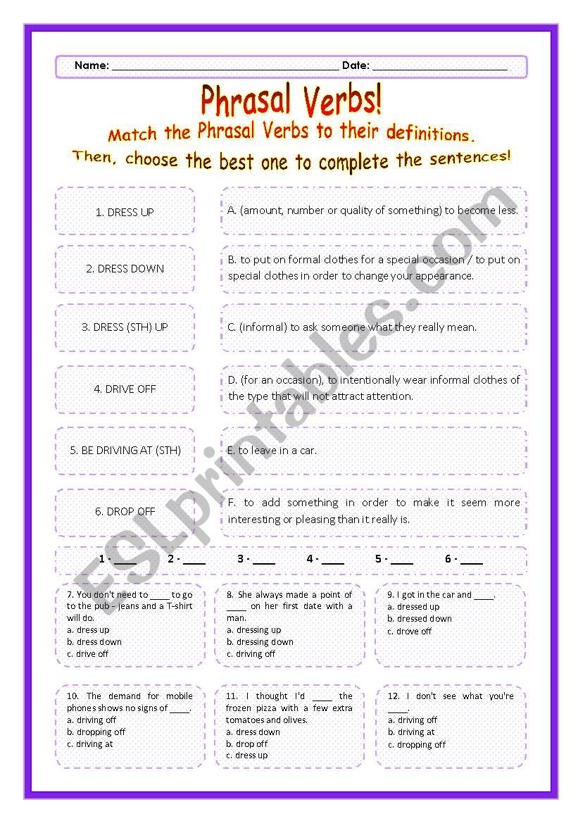 > Phrasal Verbs Practice 26! > --*-- Definitions + Exercise --*-- BW Included --*-- Fully Editable With Key!