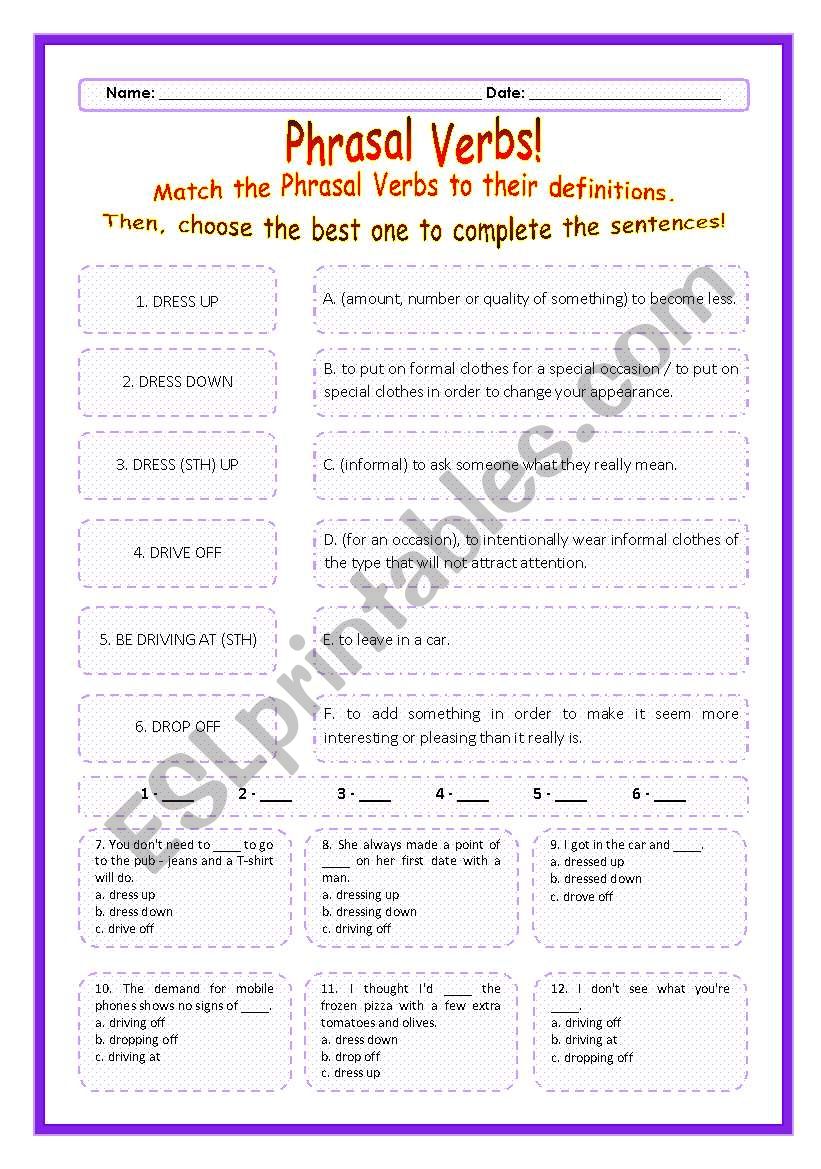 > Phrasal Verbs Practice 26! > --*-- Definitions + Exercise --*-- BW Included --*-- Fully Editable With Key!