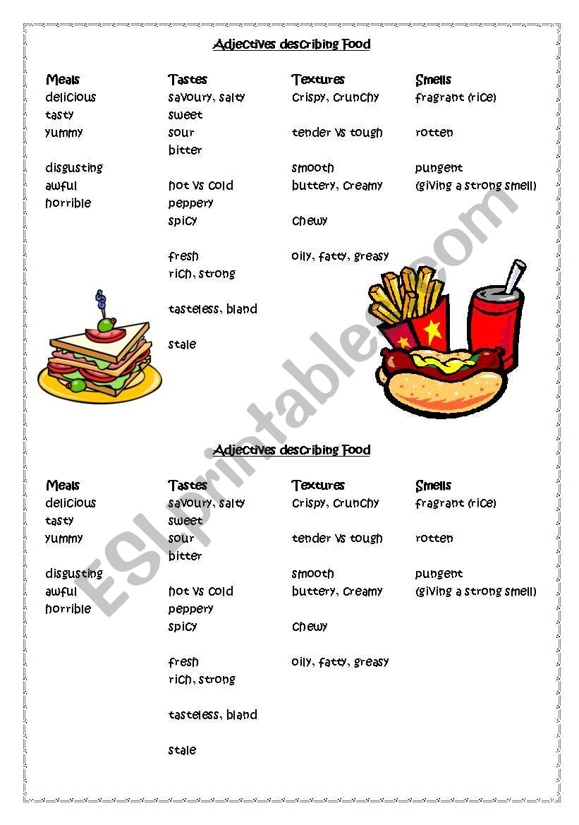 Adjectives describing Food: Meals/ Tastes/ Textures/ Smells