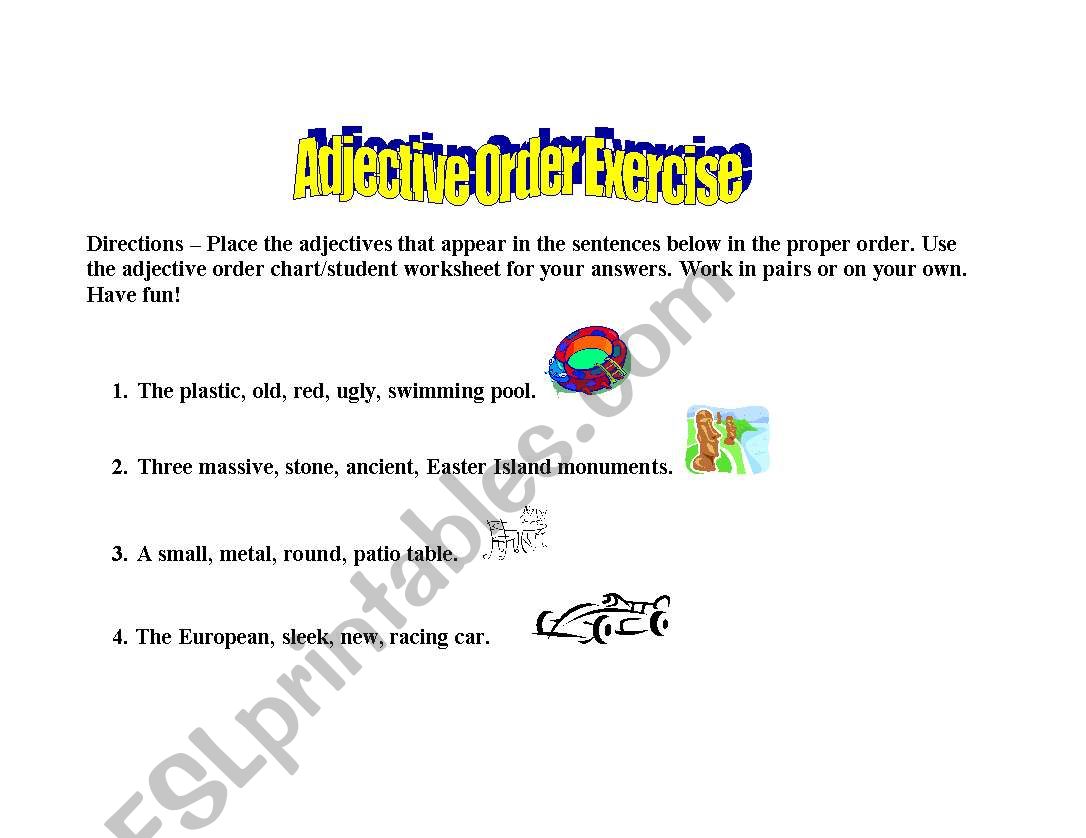 Students Have Fun and Learn Together with this Adjective Order Exercise - Inlcudes questions/chart/worksheet/answer sheet
