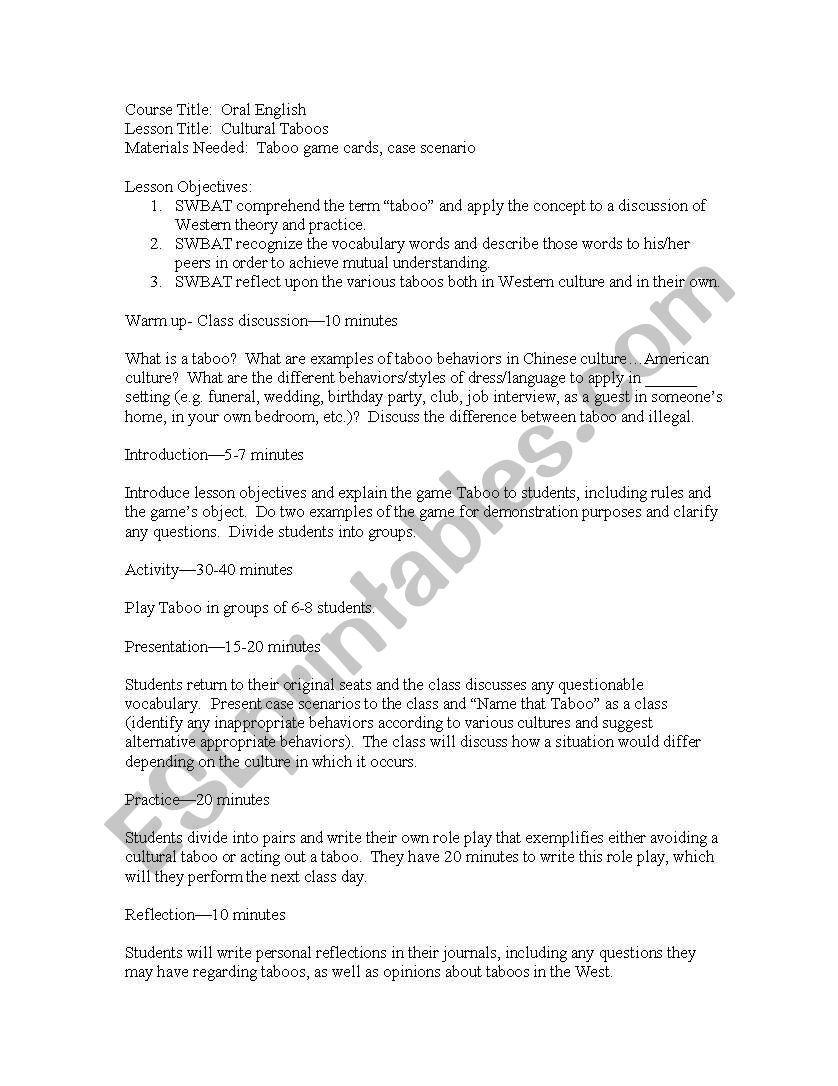Taboo worksheet worksheet