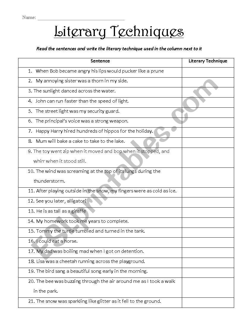 Literary techniques - ESL worksheet by mariatsev With Regard To Literary Devices Worksheet Pdf