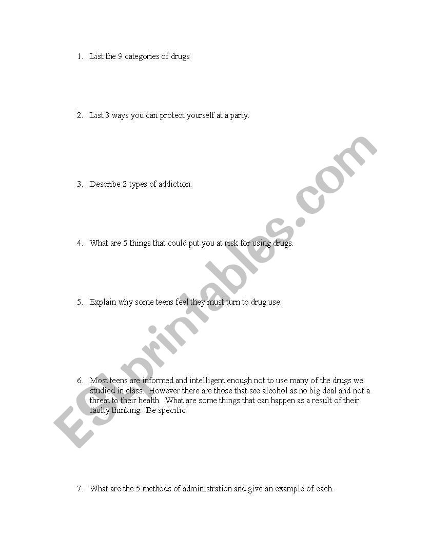 Drug Questions worksheet