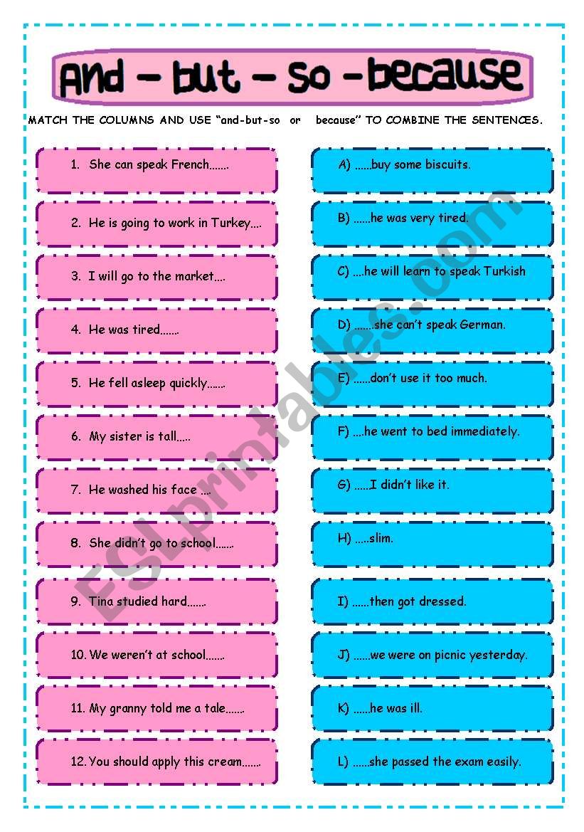 and - but - so - because  worksheet