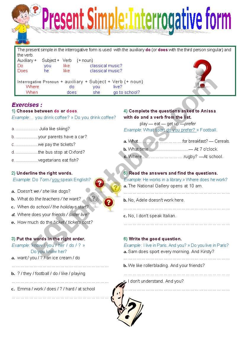Present Simple: Interrogative form, Lesson + Exercises for elementary and lower intermediate students