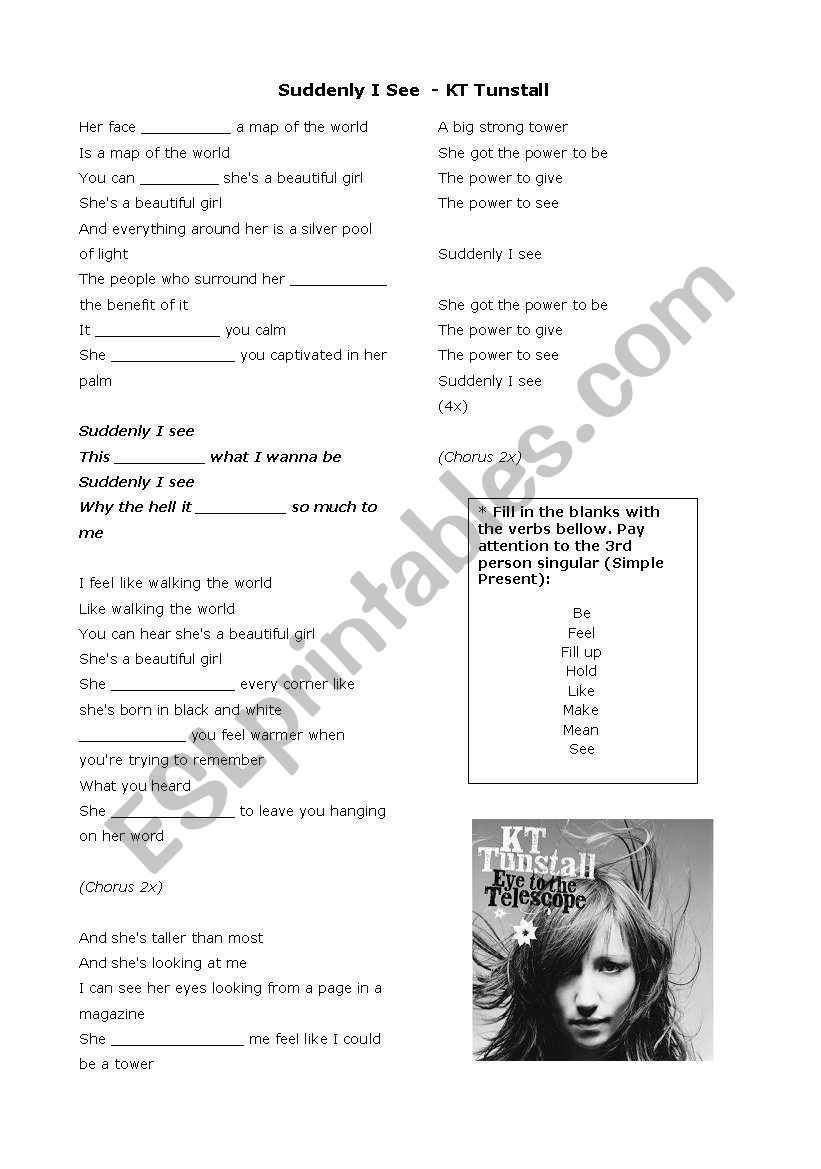 Suddenly I See - KT Tunstall worksheet