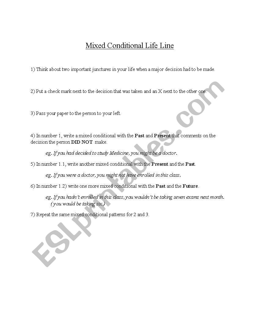Mixed Conditional Life Line worksheet