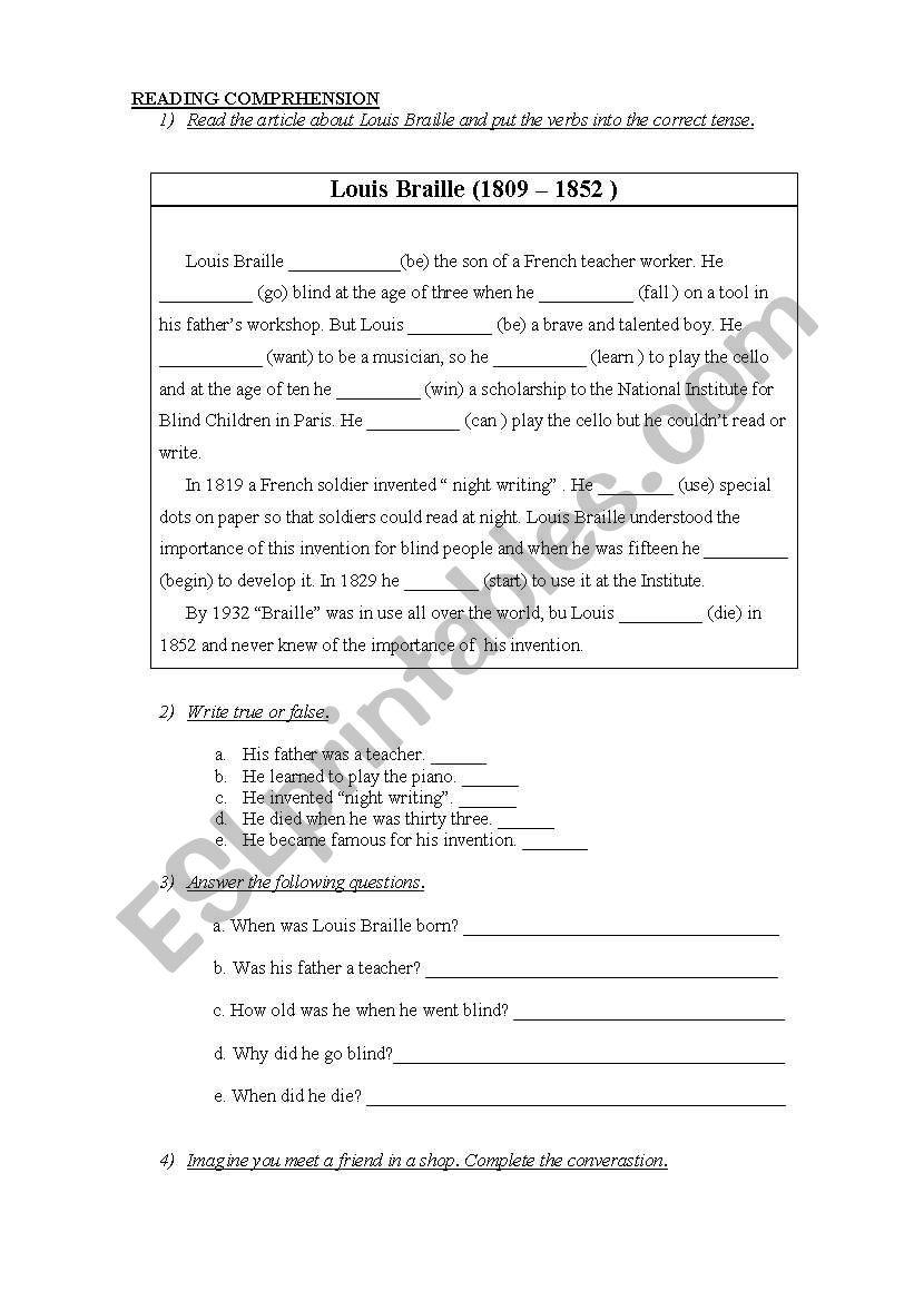 Louis Braille Reading Comprehension