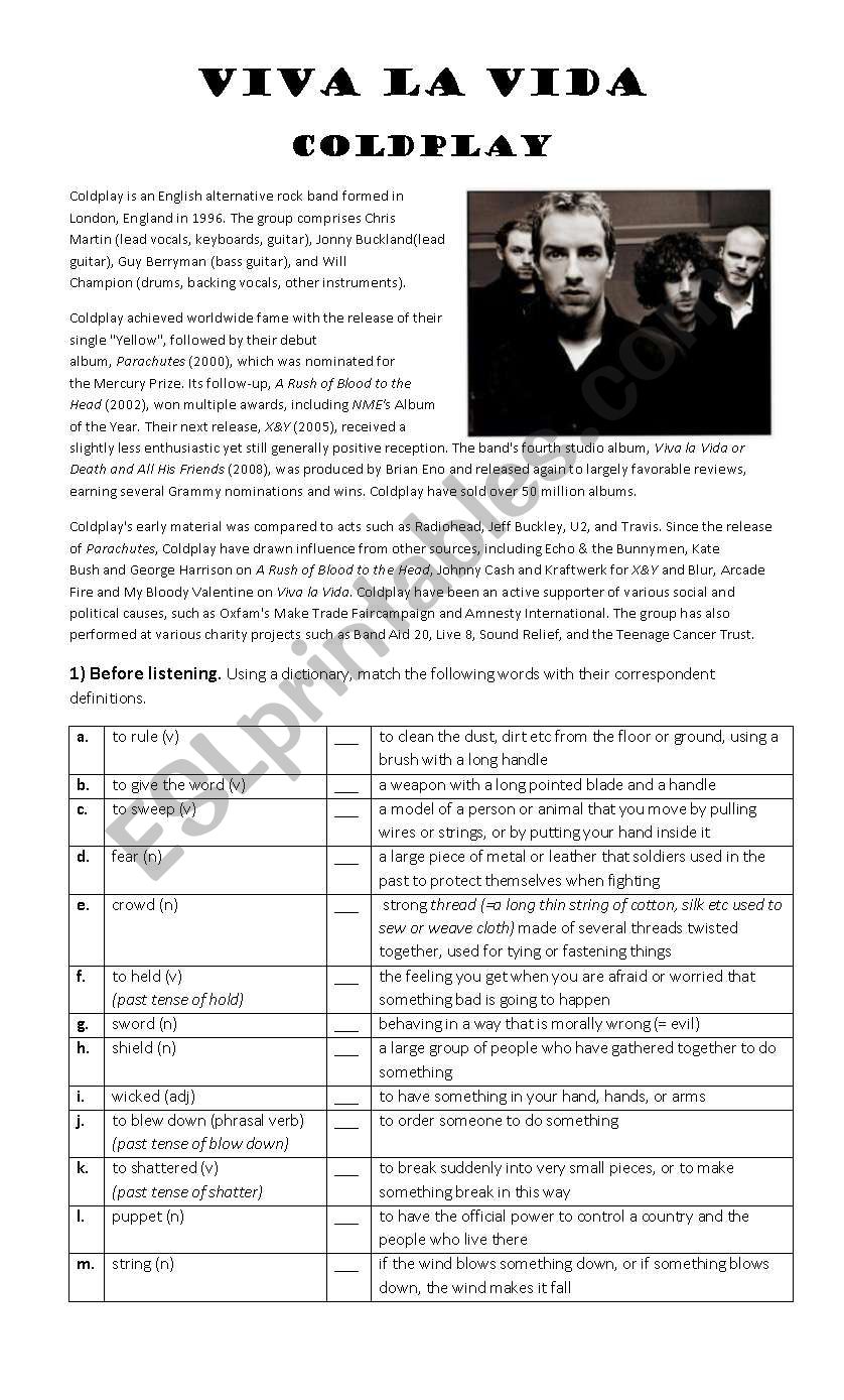 Viva la Vida - Coldplay worksheet