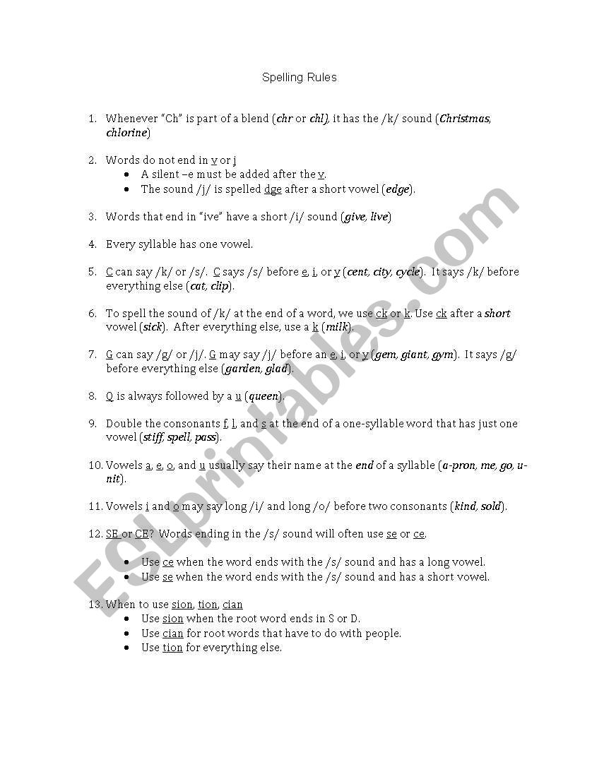 Spelling Rules worksheet