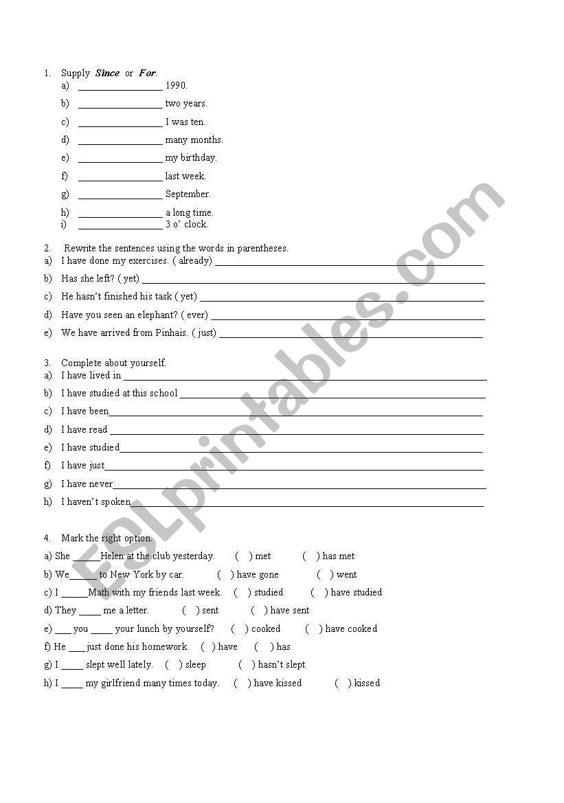 Present Perfect worksheet