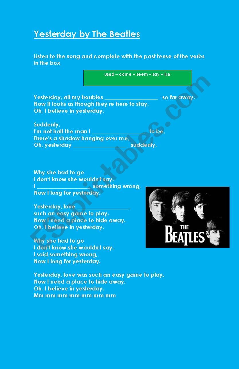 yesterday by the beatles worksheet